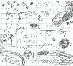 Hand-drawn doodle pencil sketch of various math functions and story problems.