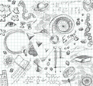 Hand-drawn doodle pencil sketch of various scientific subject matter.